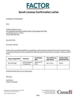 sample synchronization license Resources  Canada  FACTOR Applicant